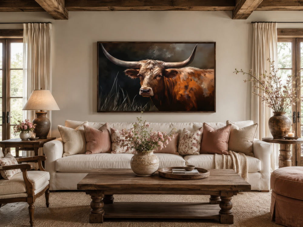 Brown Texas Longhorn cow framed canvas wall art hanging above a sofa in a rustic living room.