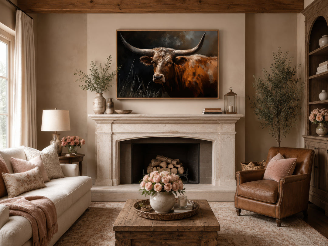 Framed canvas wall art of a brown Texas Longhorn cow hanging above a stone fireplace mantel.