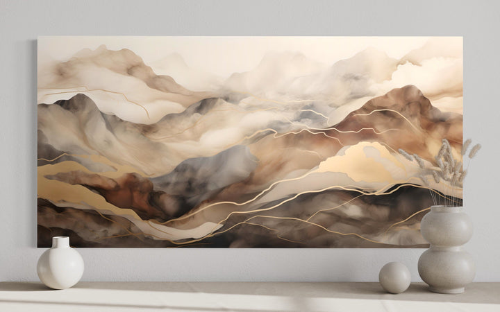 Brown Beige Abstract Marble Mountain Framed Canvas Wall Art