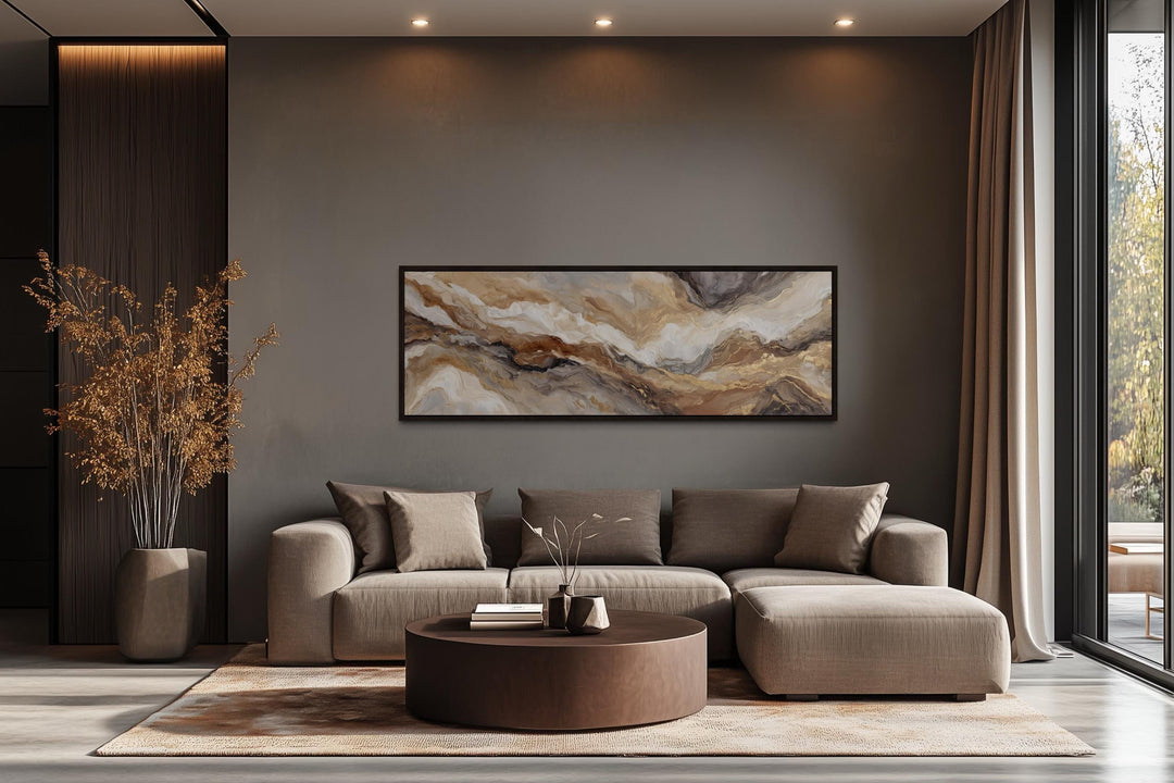 Brown Beige And Gold Long Horizontal Marble-Inspired Abstract Wall Art