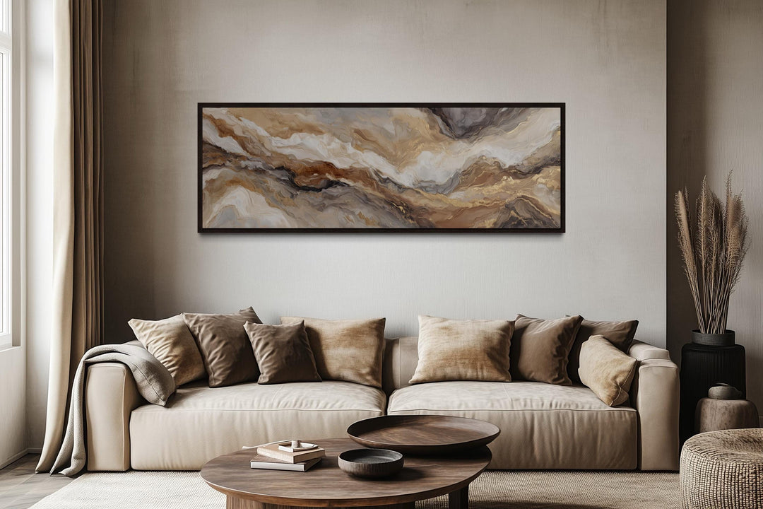 Brown Beige And Gold Long Horizontal Marble-Inspired Abstract Wall Art