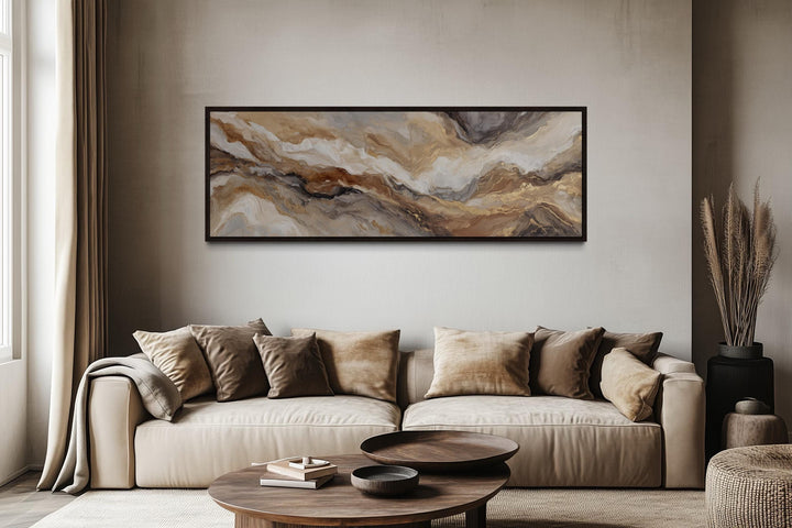 Brown Beige And Gold Long Horizontal Marble-Inspired Abstract Wall Art