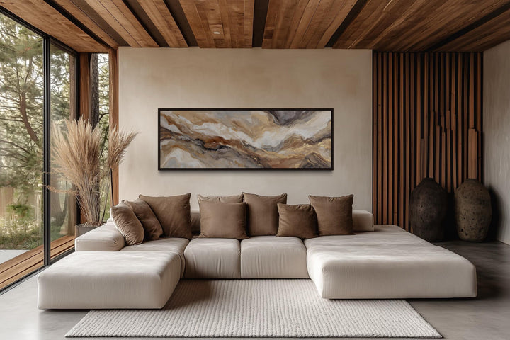 Brown Beige And Gold Long Horizontal Marble-Inspired Abstract Wall Art