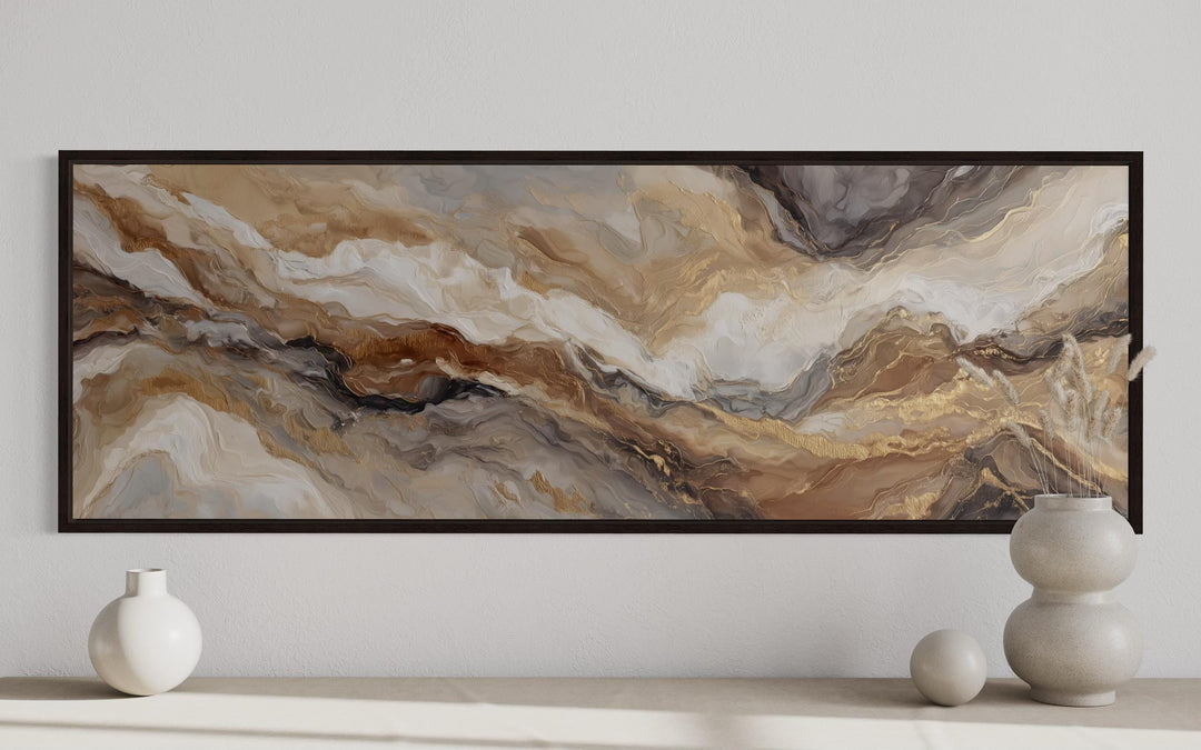Brown Beige And Gold Long Horizontal Marble-Inspired Abstract Wall Art