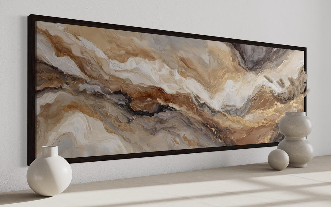 Brown Beige And Gold Long Horizontal Marble-Inspired Abstract Wall Art