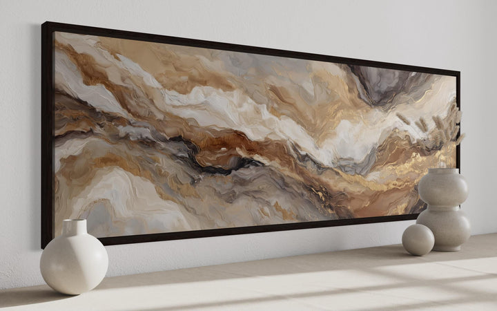 Brown Beige And Gold Long Horizontal Marble-Inspired Abstract Wall Art
