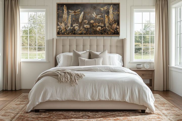 Brown Beige Boho Grass With Dragonflies Framed Canvas Wall Art