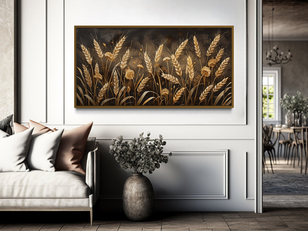 Brown Beige Boho Wheat Field Framed Canvas Wall Art