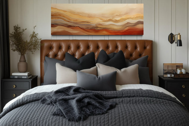 Brown Beige Gold Mountains Abstract Horizontal Framed Canvas Wall Art