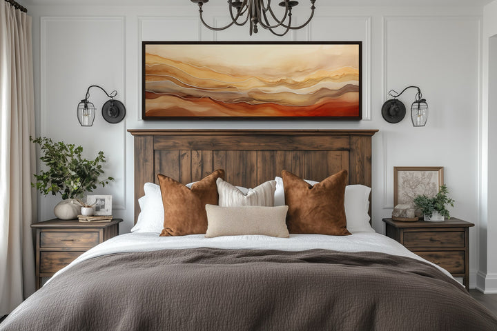 Brown Beige Gold Mountains Abstract Horizontal Framed Canvas Wall Art