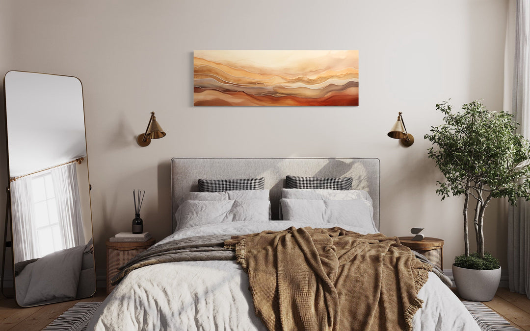 Brown Beige Gold Mountains Abstract Horizontal Framed Canvas Wall Art