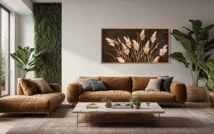 Brown Beige Grass Boho Framed Canvas Wall Art