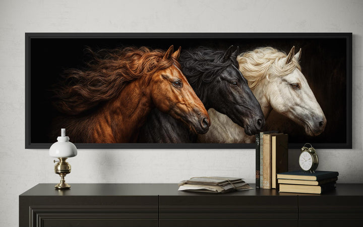 Large horizontal wall art featuring a portrait of brown, black, and white horses with flowing manes.