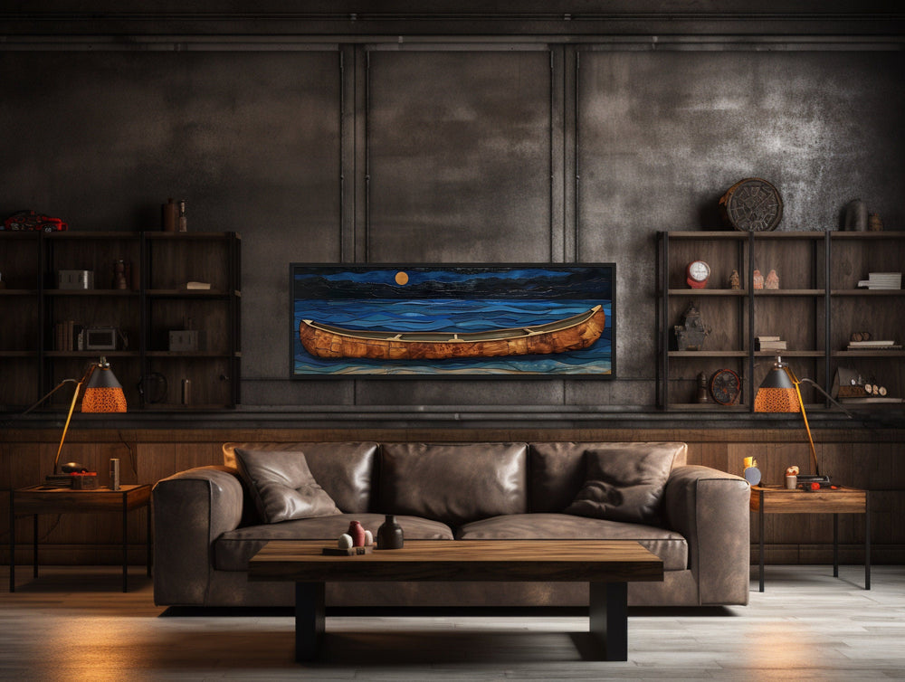 Brown Canoe In Navy Blue Lake At Night Long Horizontal Cabin Wall Art in man cave