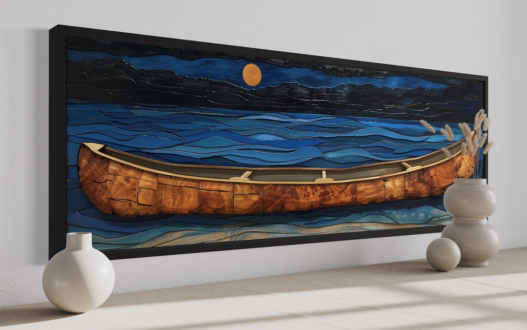 Brown Canoe In Navy Blue Lake At Night Long Horizontal Cabin Wall Art