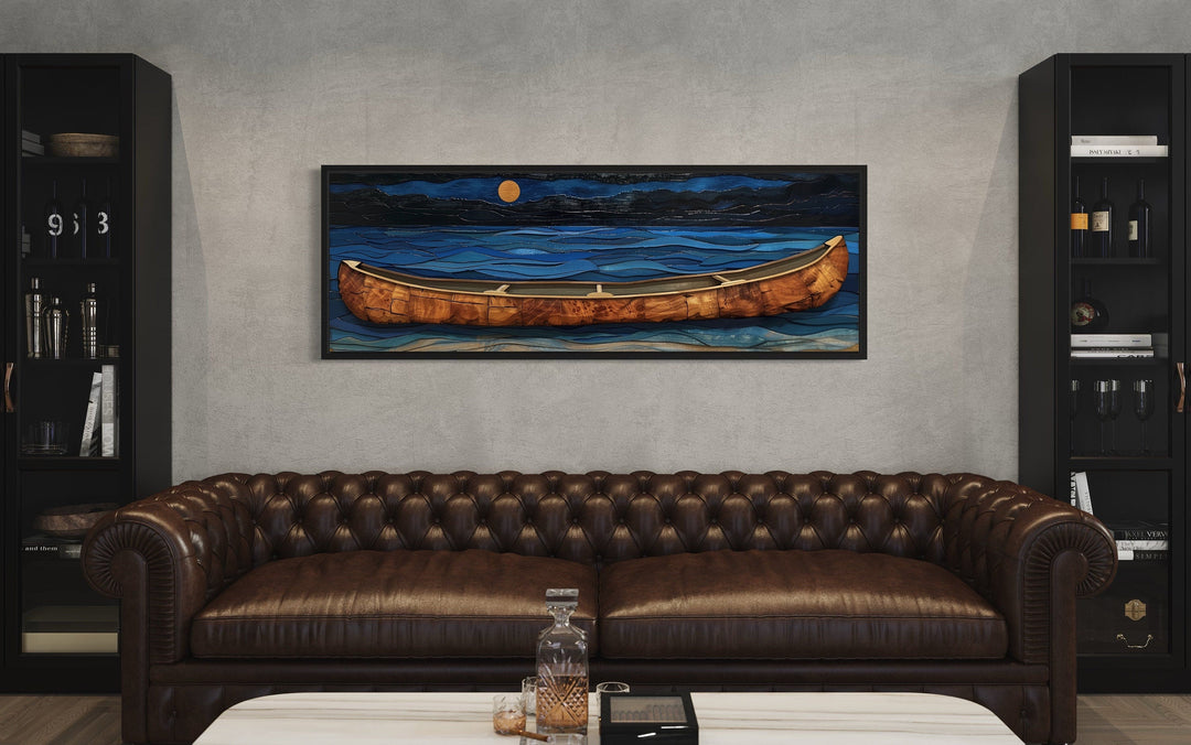 Brown Canoe In Navy Blue Lake At Night Long Horizontal Cabin Wall Art