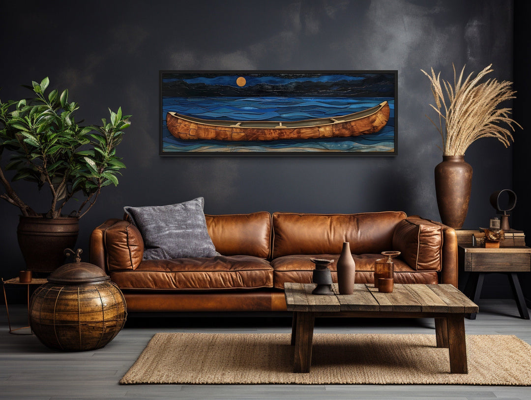 Brown Canoe In Navy Blue Lake At Night Long Horizontal Cabin Wall Art