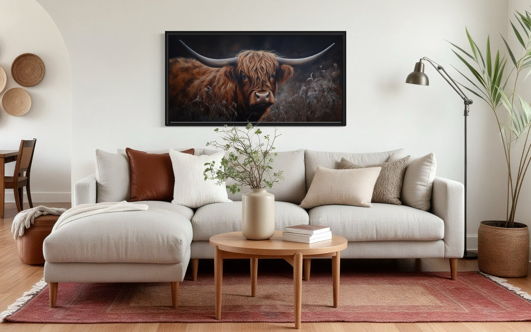 Brown Highland Cow In Grass On Dark Background Framed Canvas Wall Art