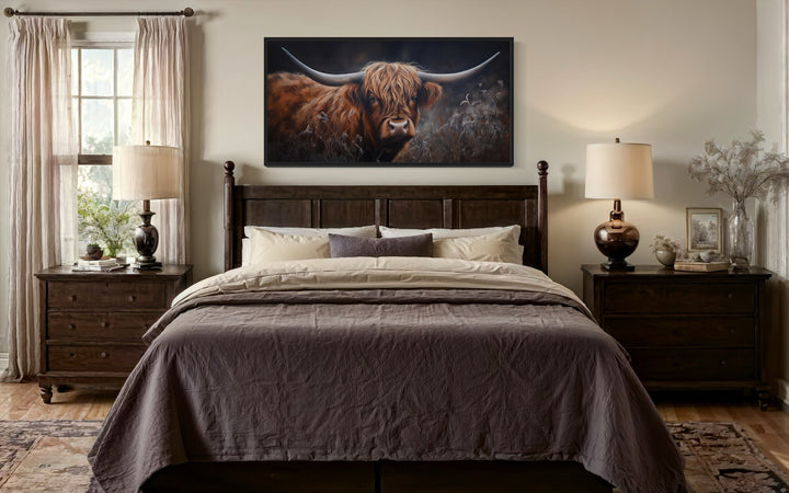 Brown Highland Cow In Grass On Dark Background Framed Canvas Wall Art