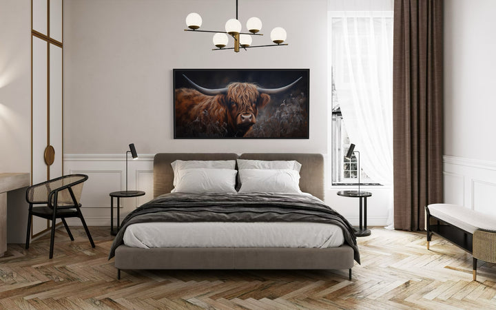 Brown Highland Cow In Grass On Dark Background Framed Canvas Wall Art