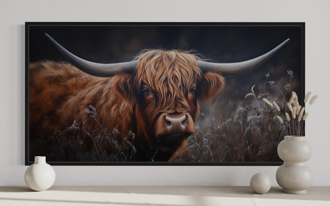 Brown Highland Cow In Grass On Dark Background Framed Canvas Wall Art