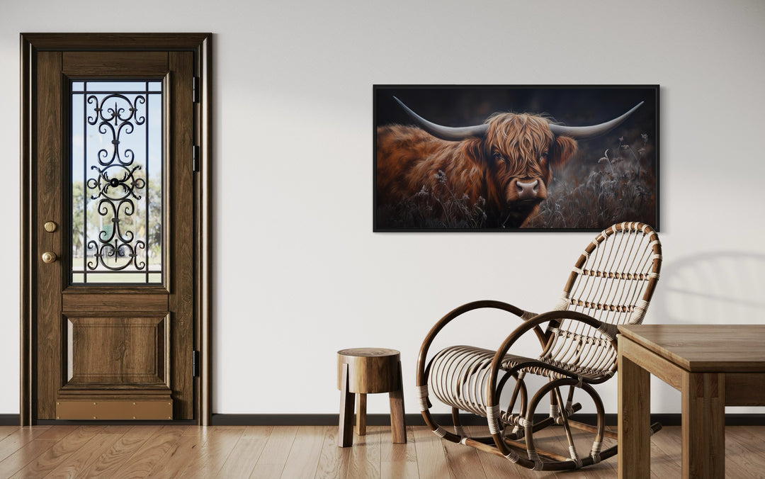 Brown Highland Cow In Grass On Dark Background Framed Canvas Wall Art