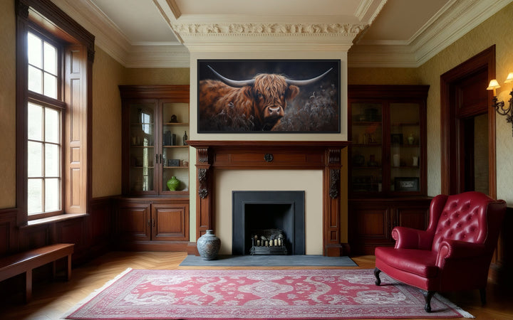 Brown Highland Cow In Grass On Dark Background Framed Canvas Wall Art