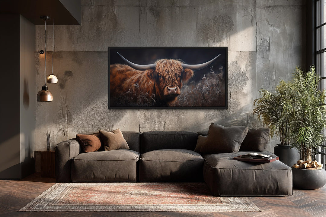 Brown Highland Cow In Grass On Dark Background Framed Canvas Wall Art