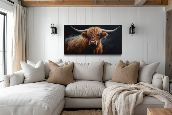 Brown Highland Cow On Dark Background Framed Canvas Wall Art