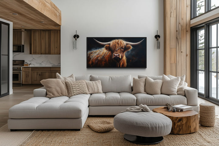 Brown Highland Cow On Dark Background Framed Canvas Wall Art