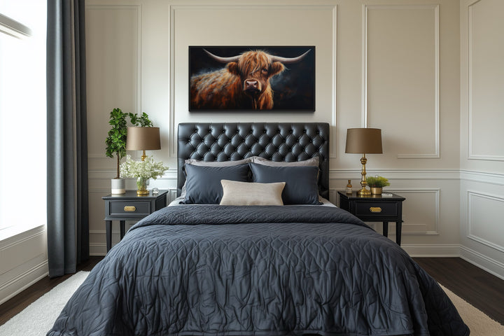 Brown Highland Cow On Dark Background Framed Canvas Wall Art