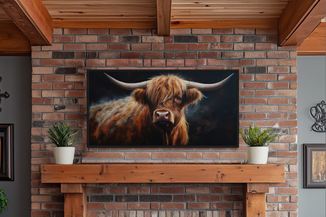 Brown Highland Cow On Dark Background Framed Canvas Wall Art