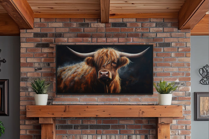 Brown Highland Cow On Dark Background Framed Canvas Wall Art