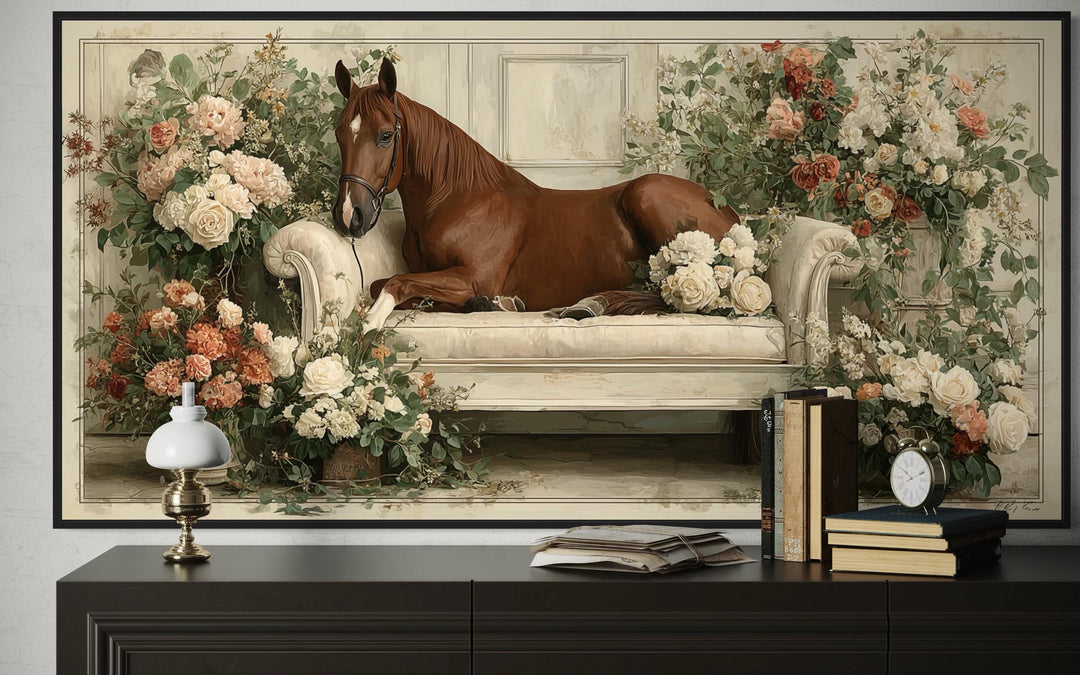 Brown horse lounging on a vintage sofa surrounded by peach and ivory floral blooms canvas wall art.