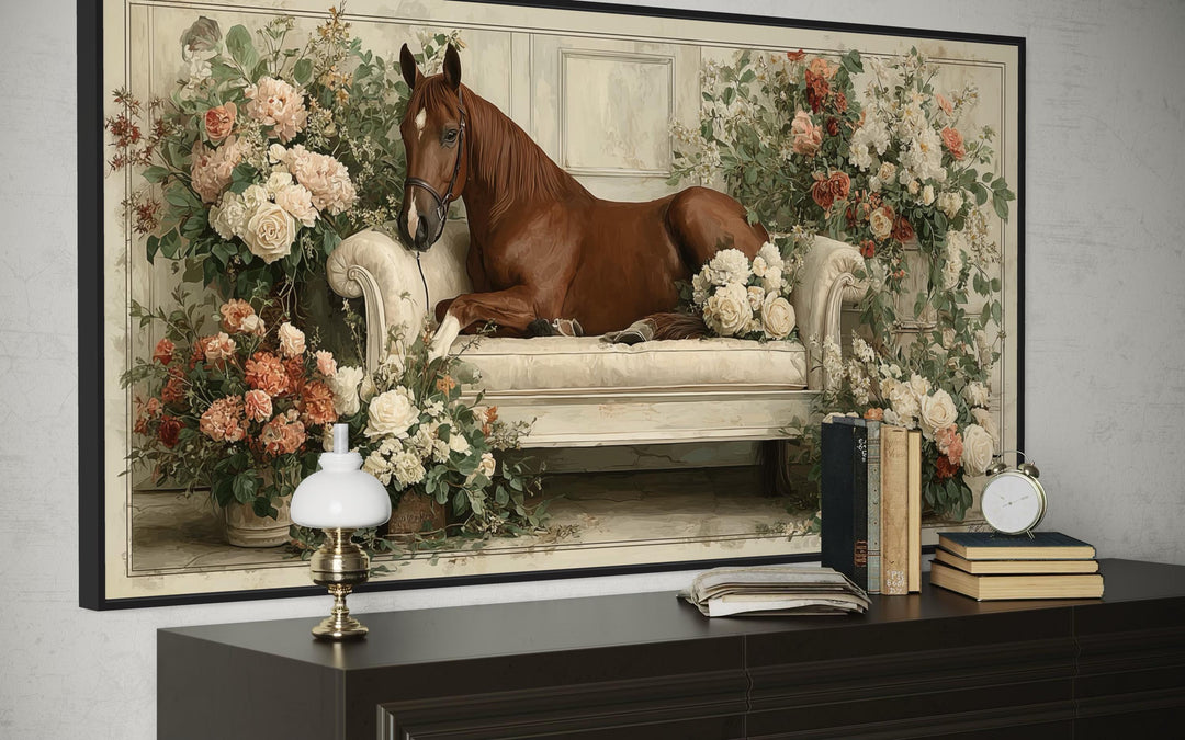Brown horse lounging on a vintage sofa surrounded by peach and ivory floral blooms canvas wall art.