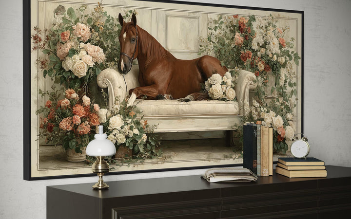 Brown horse lounging on a vintage sofa surrounded by peach and ivory floral blooms canvas wall art.