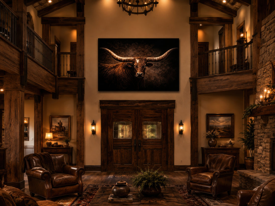 Brown longhorn bull canvas wall art centered above double doors in a rustic western living room.