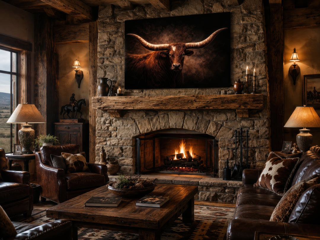 Brown longhorn bull canvas wall art above a stone fireplace in a rustic western living room.