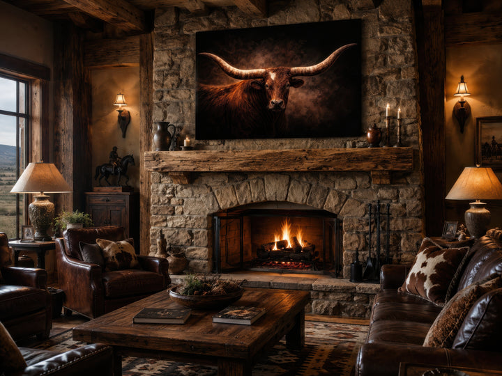 Brown longhorn bull canvas wall art above a stone fireplace in a rustic western living room.