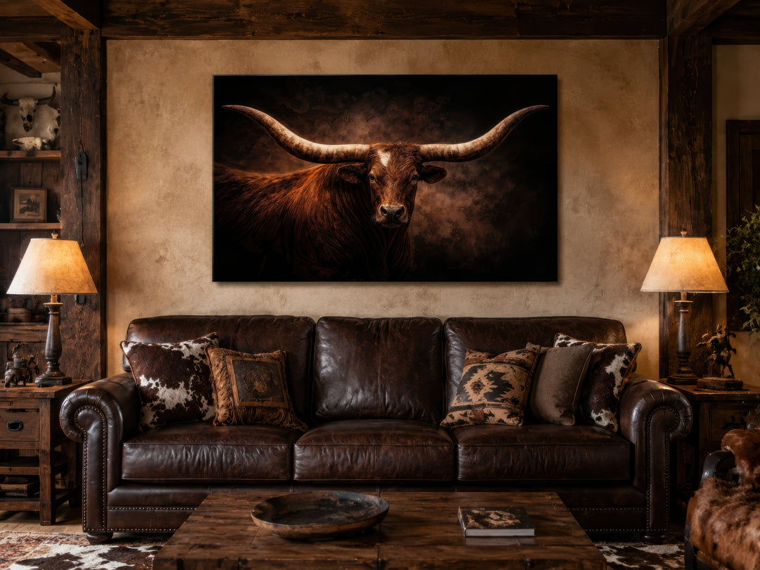 Brown longhorn bull canvas wall art hanging above a leather sofa in a rustic western living room.