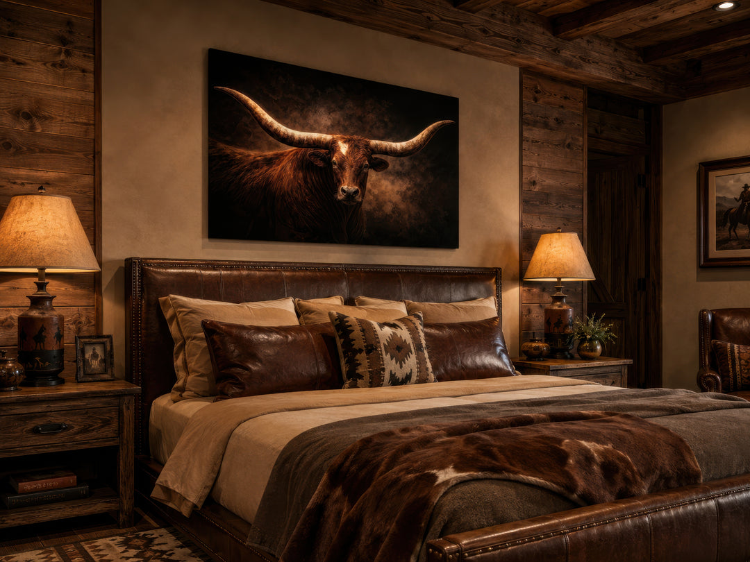 Brown longhorn bull canvas wall art hanging above a leather bed in a rustic western bedroom.