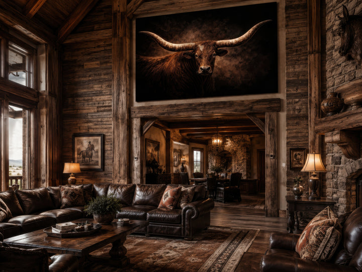 Large horizontal canvas print of a brown longhorn bull above a fireplace in a rustic living room.
