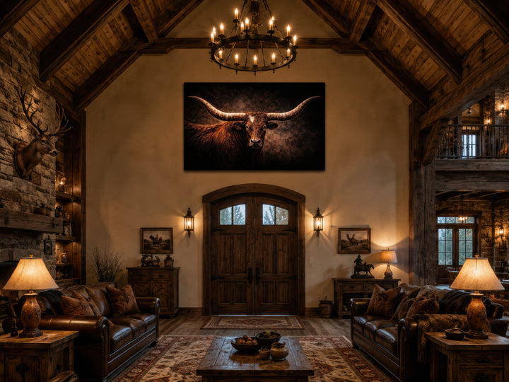 Brown longhorn bull canvas wall art hanging above a doorway in a rustic western living room.