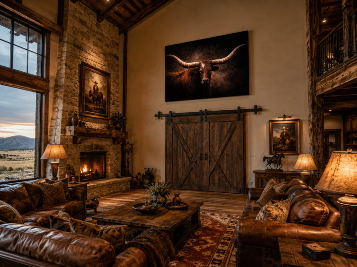 Brown longhorn bull canvas print hanging above sliding barn doors in a rustic western living room.