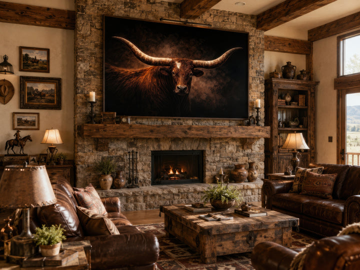Brown longhorn bull canvas wall art above a stone fireplace in a rustic western living room.