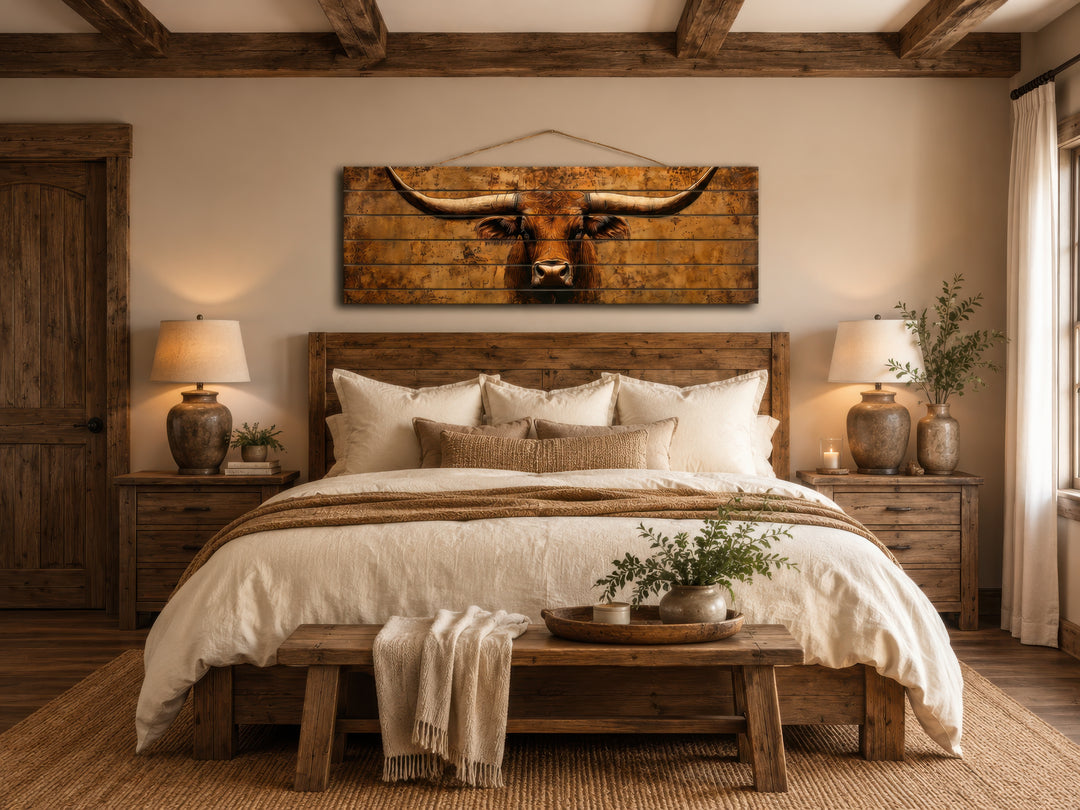 Brown longhorn steer printed on horizontal distressed wood planks hanging above a bed.