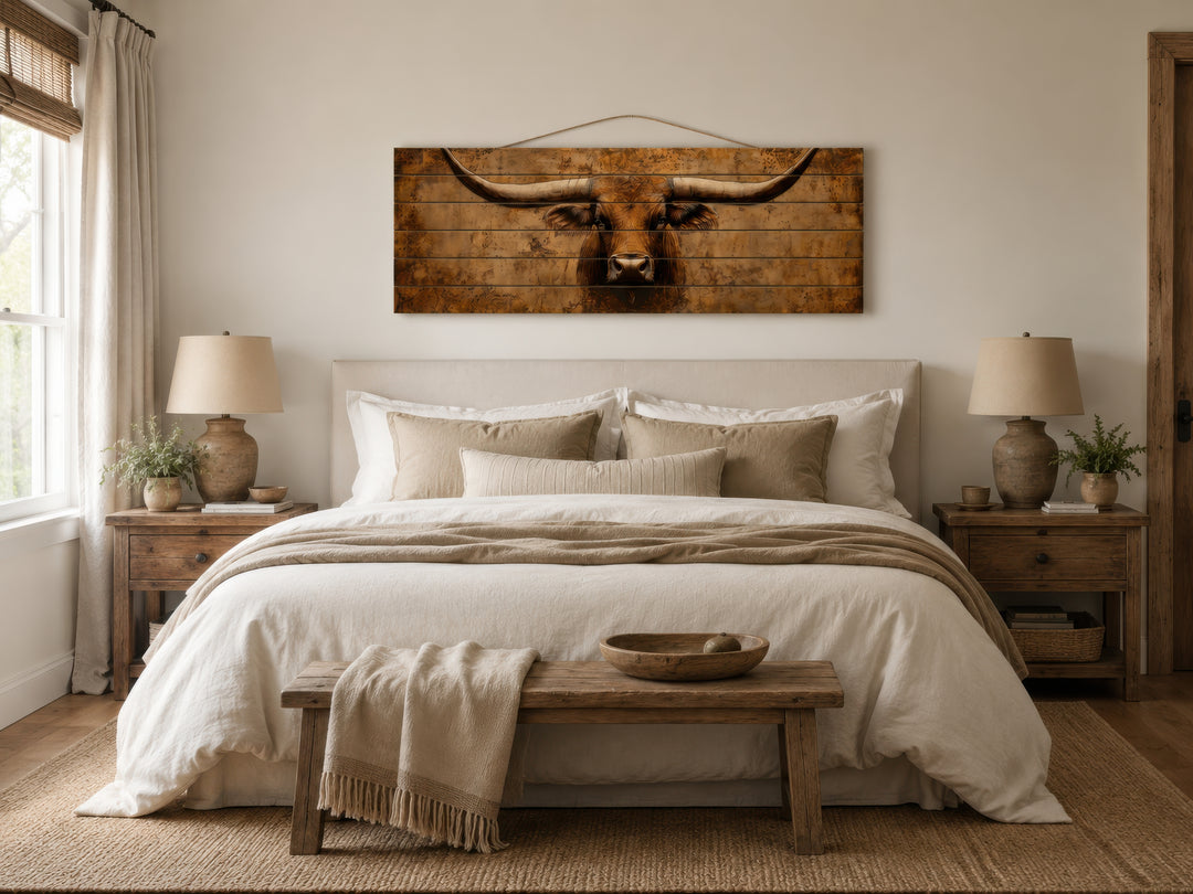 Brown longhorn steer printed on horizontal distressed wood planks hanging above a bed.