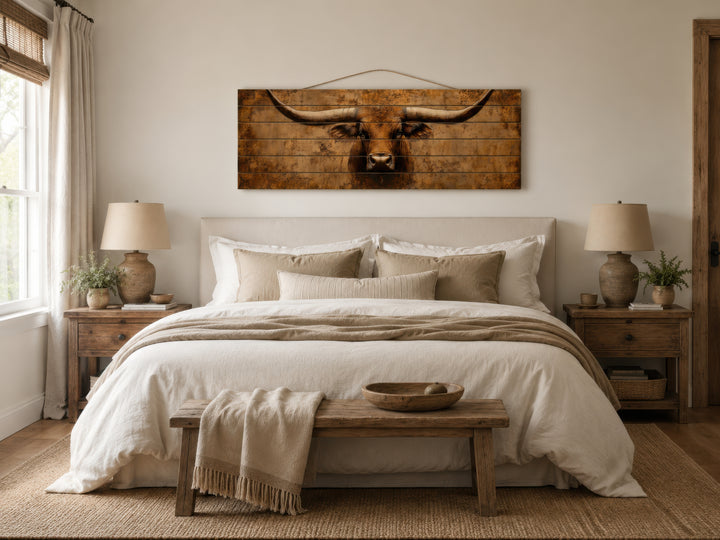Brown longhorn steer printed on horizontal distressed wood planks hanging above a bed.