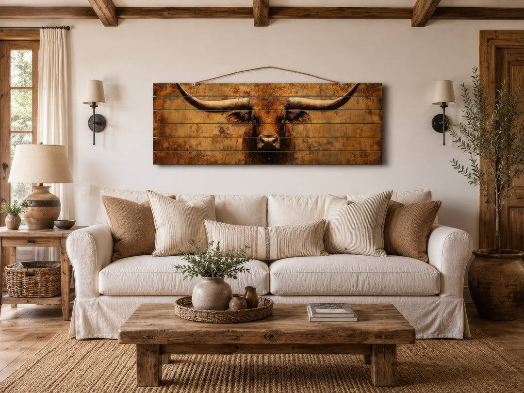 Brown longhorn steer printed on horizontal distressed wood planks hanging above a white sofa.