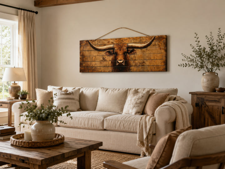 Brown longhorn steer printed on horizontal distressed wood planks hanging above a neutral sofa.
